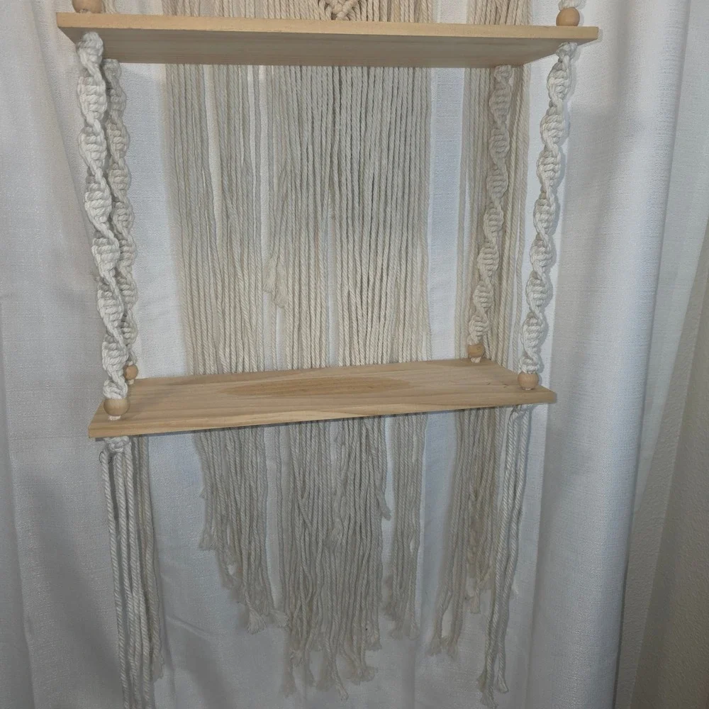 Boho Macrame Wall Hanging Shelf 2 Tier Wood Floating Plant Hanger Cream Cotton